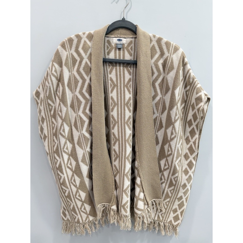 Old Navy Poncho Cardigan Beige White Geometric Print Fringe Oversized XS